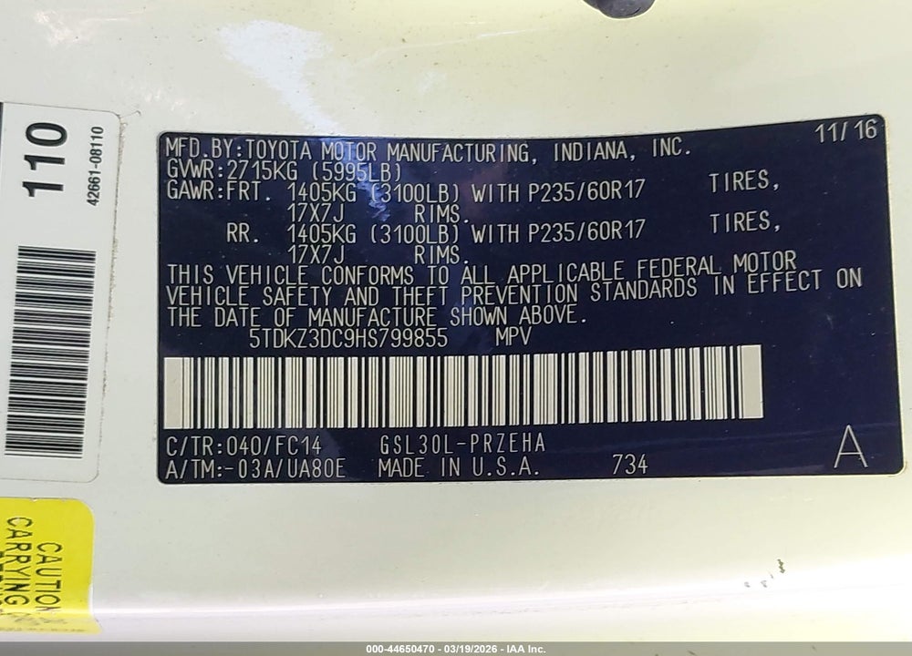 2017 TOYOTA SIENNA LE 8 PASSENGER VIN: 5TDKZ3DC9HS799855