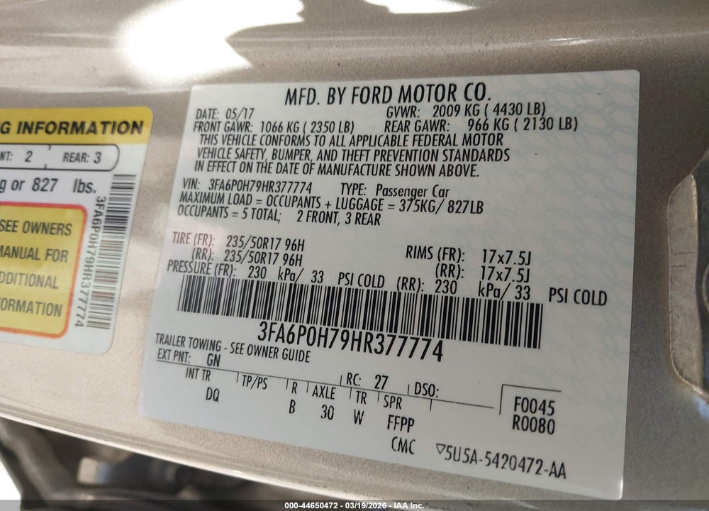 2017 FORD FUSION SE VIN: 3FA6P0H79HR377774