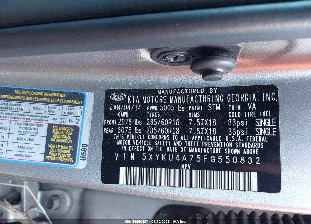 2015 KIA SORENTO EX V6 VIN: 5XYKU4A75FG550832