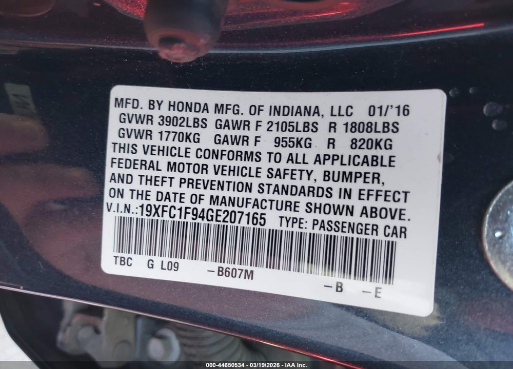 2016 HONDA CIVIC TOURING VIN: 19XFC1F94GE207165