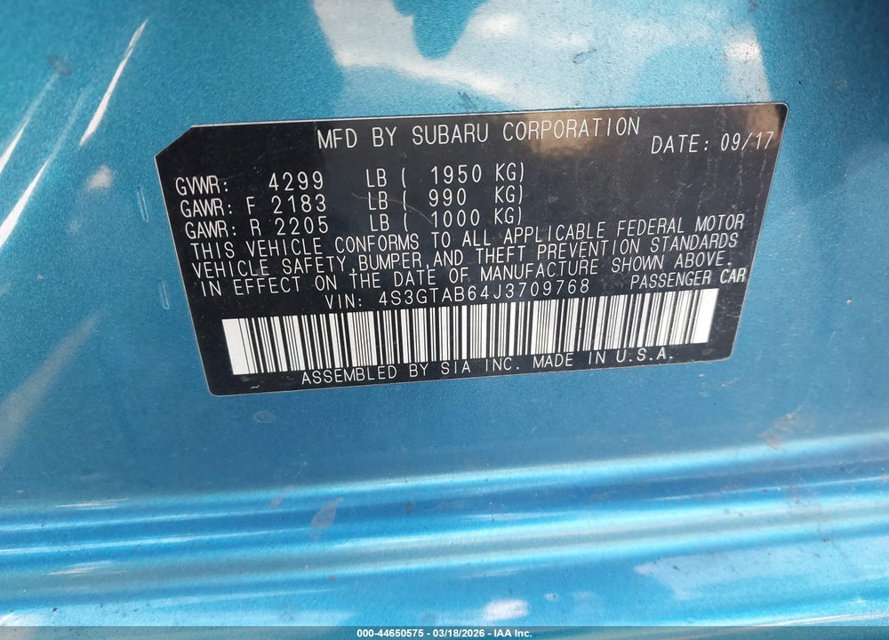 2018 SUBARU IMPREZA 2.0I PREMIUM VIN: 4S3GTAB64J3709768