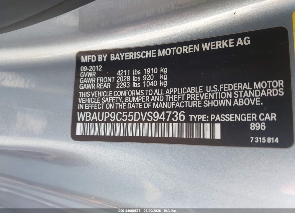 2013 BMW 128I VIN: WBAUP9C55DVS94736