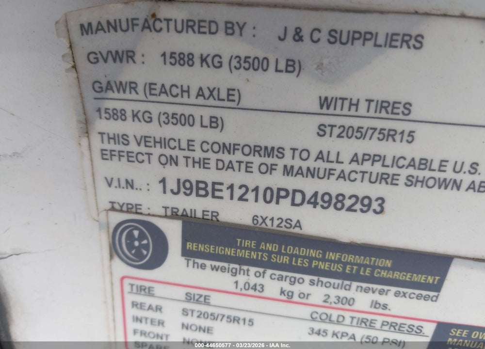 2023 J AND C TRAILERS INC 6 X 12 SA VIN: 1J9BE1210PD498293
