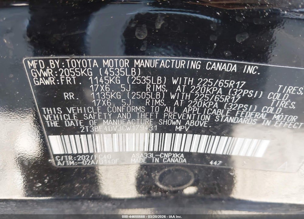 2012 TOYOTA RAV4 VIN: 2T3BF4DV3CW179431