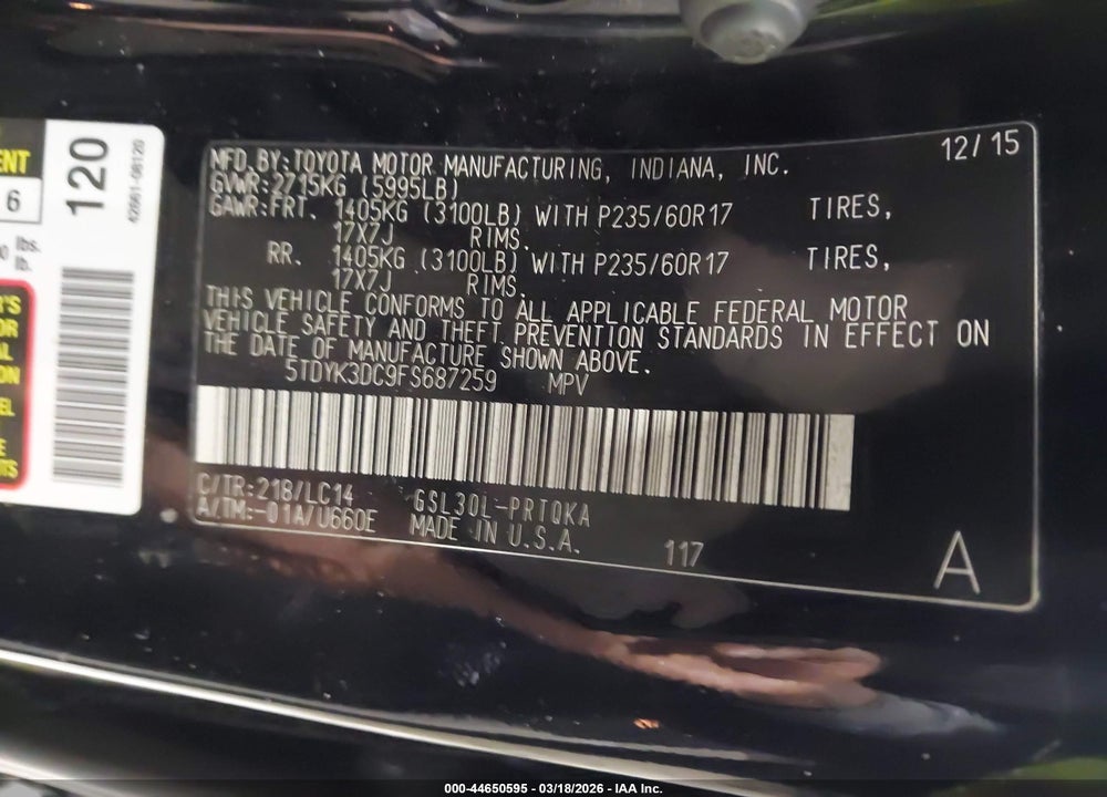 2015 TOYOTA SIENNA XLE PREMIUM 8 PASSENGER VIN: 5TDYK3DC9FS687259