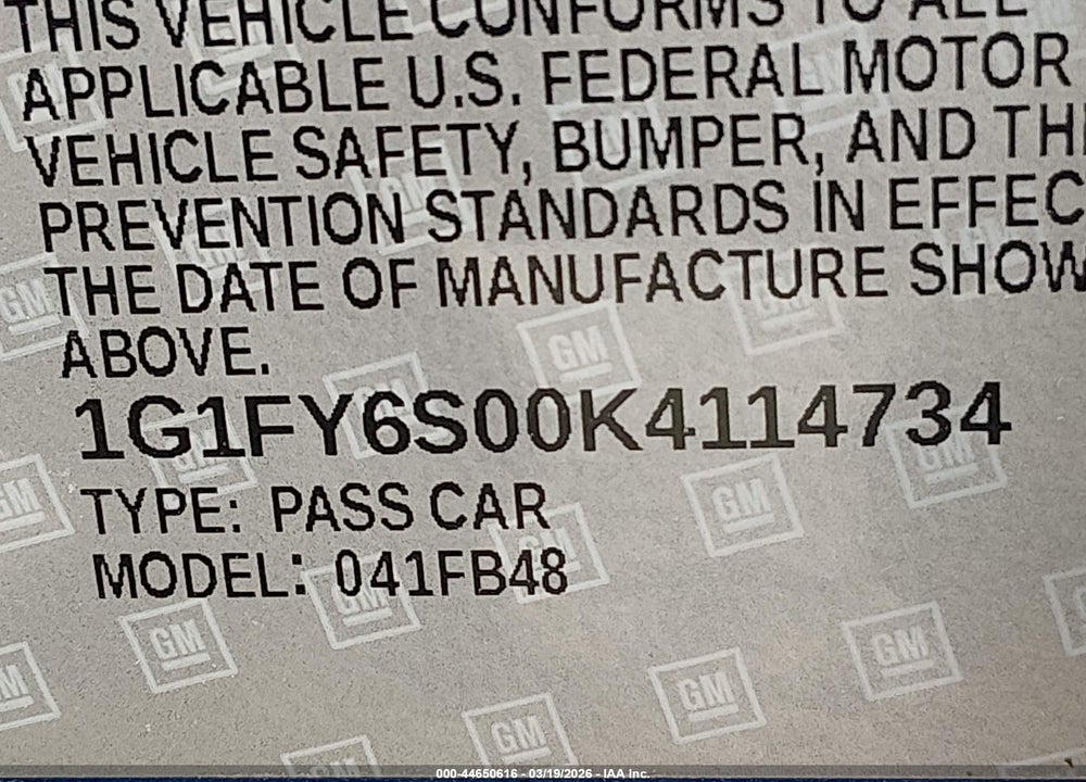 2019 CHEVROLET BOLT EV LT VIN: 1G1FY6S00K4114734