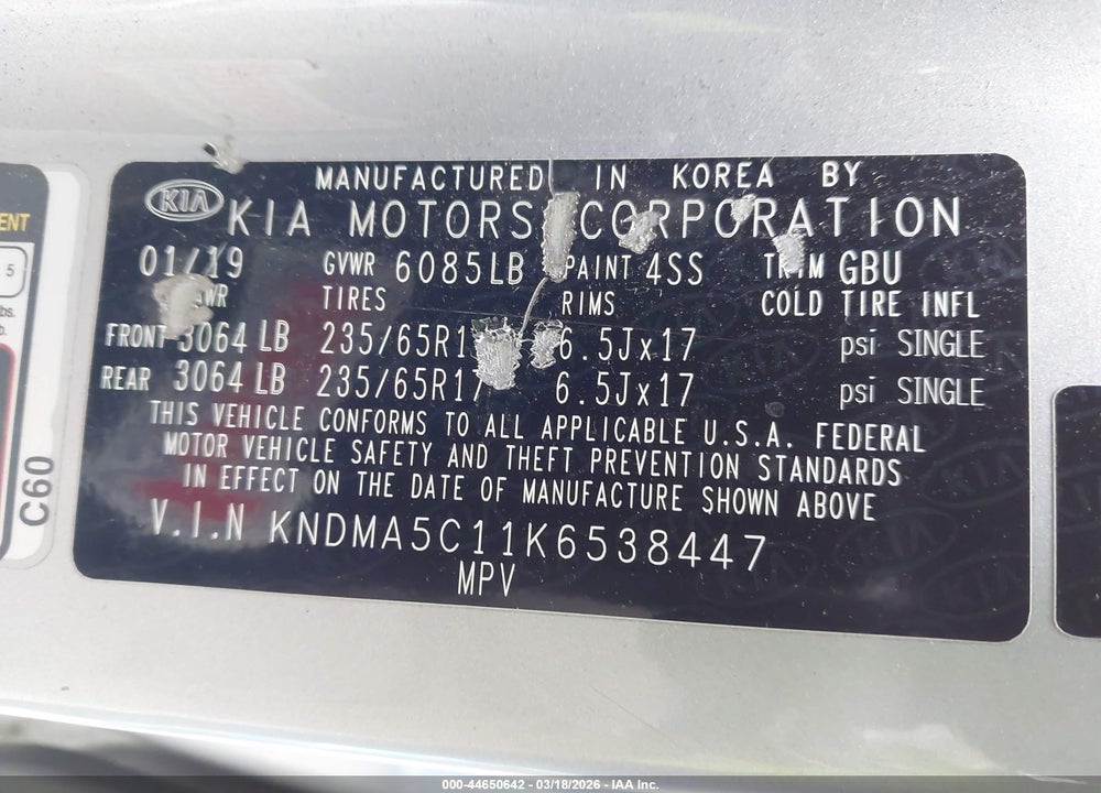 2019 KIA SEDONA L VIN: KNDMA5C11K6538447