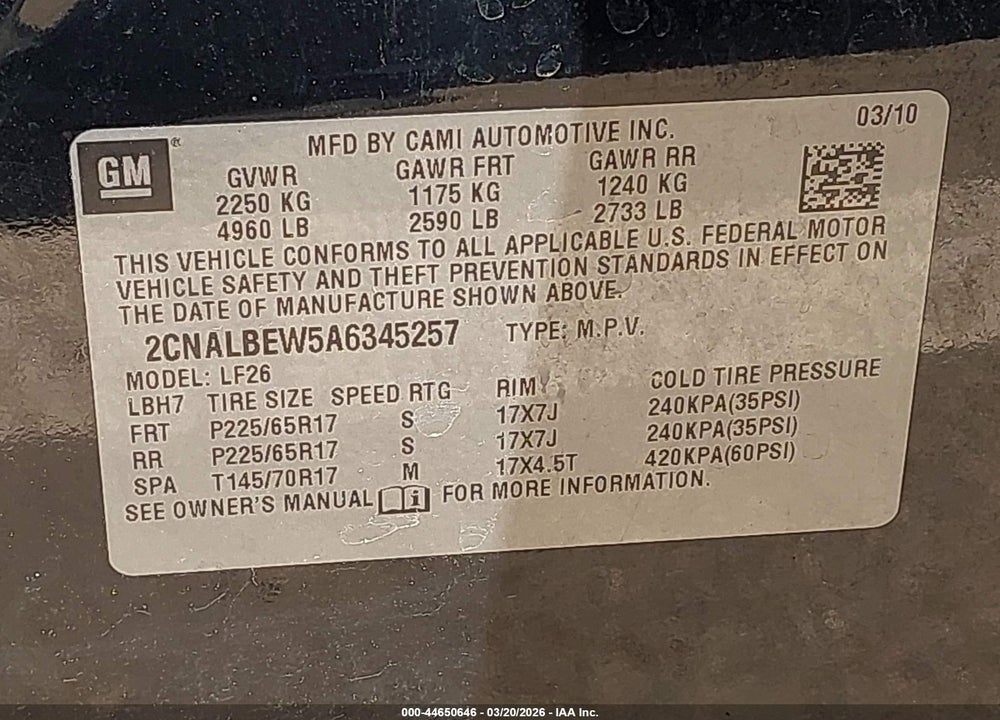 2010 CHEVROLET EQUINOX LS VIN: 2CNALBEW5A6345257