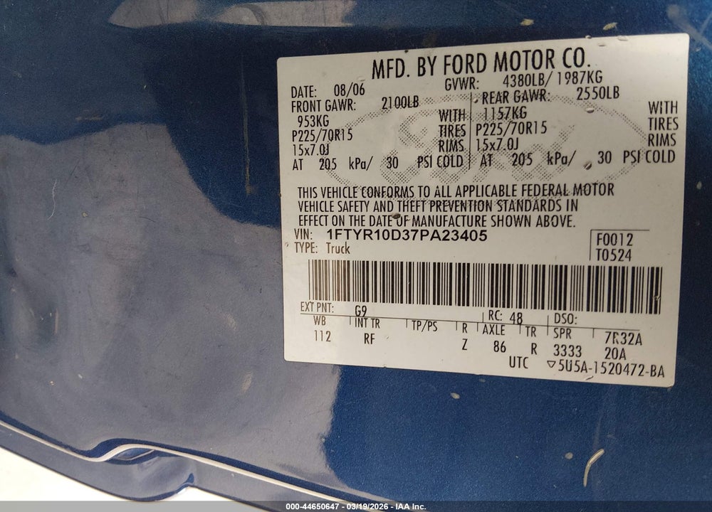 2007 FORD RANGER STX/XL/XLT VIN: 1FTYR10D37PA23405