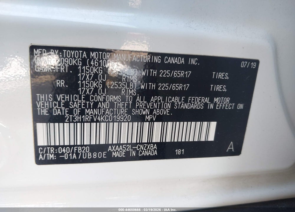 2019 TOYOTA RAV4 LE VIN: 2T3H1RFV4KC019920