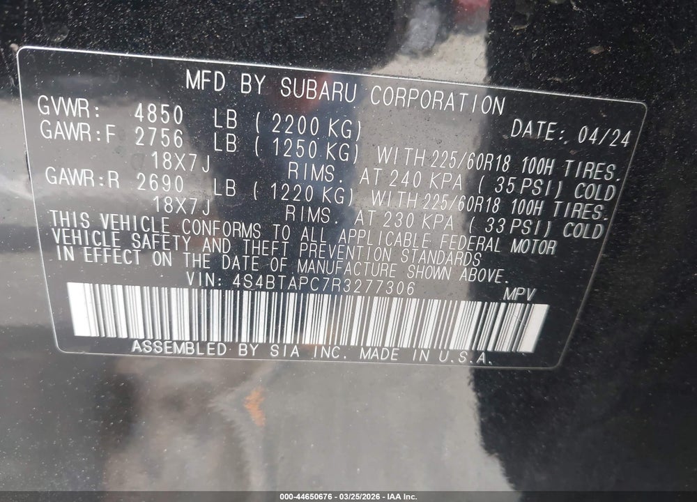 2024 SUBARU OUTBACK TOURING VIN: 4S4BTAPC7R3277306