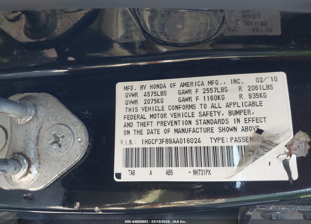 2010 HONDA ACCORD 3.5 EX-L VIN: 1HGCP3F89AA016024