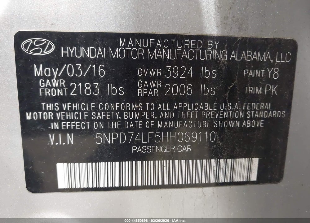 2017 HYUNDAI ELANTRA SE VIN: 5NPD74LF5HH069110