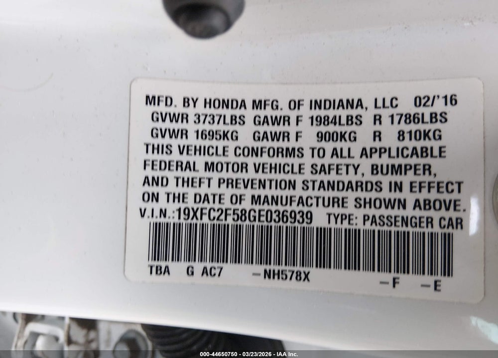 2016 HONDA CIVIC LX VIN: 19XFC2F58GE036939
