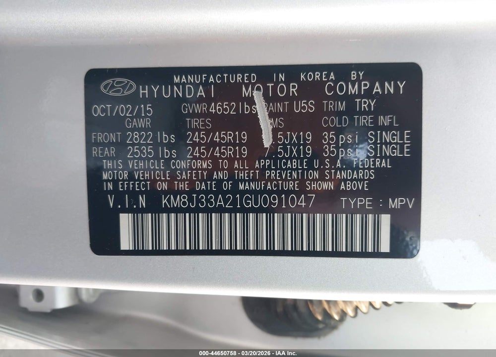 2016 HYUNDAI TUCSON LIMITED VIN: KM8J33A21GU091047