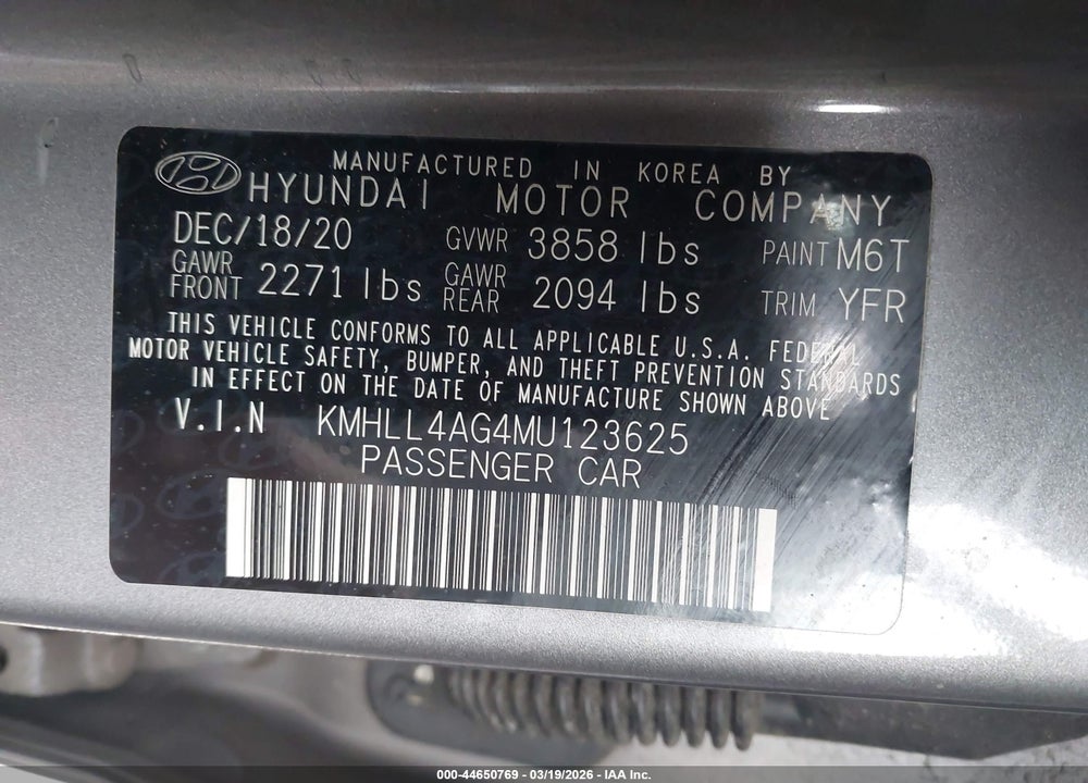 2021 HYUNDAI ELANTRA SE VIN: KMHLL4AG4MU123625