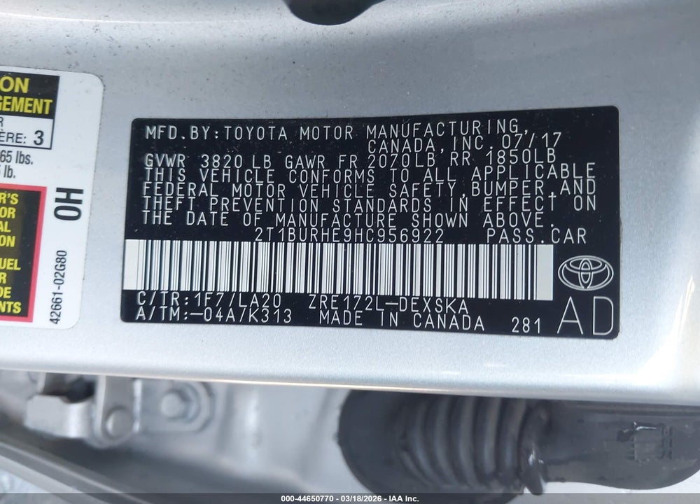 2017 TOYOTA COROLLA XSE VIN: 2T1BURHE9HC956922