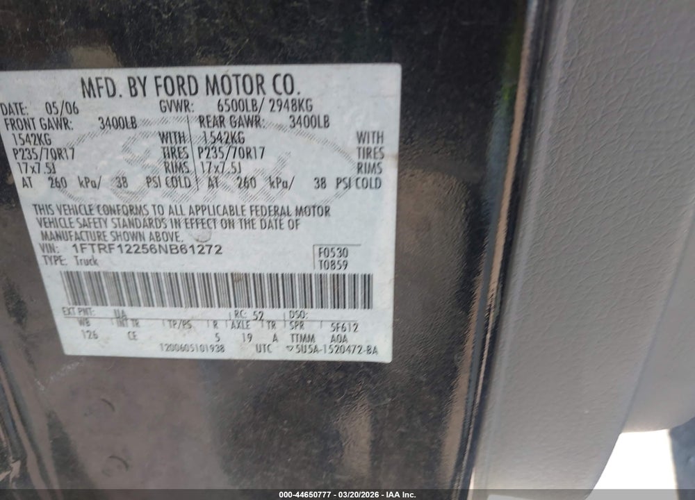 2006 FORD F-150 STX/XL/XLT VIN: 1FTRF12256NB61272