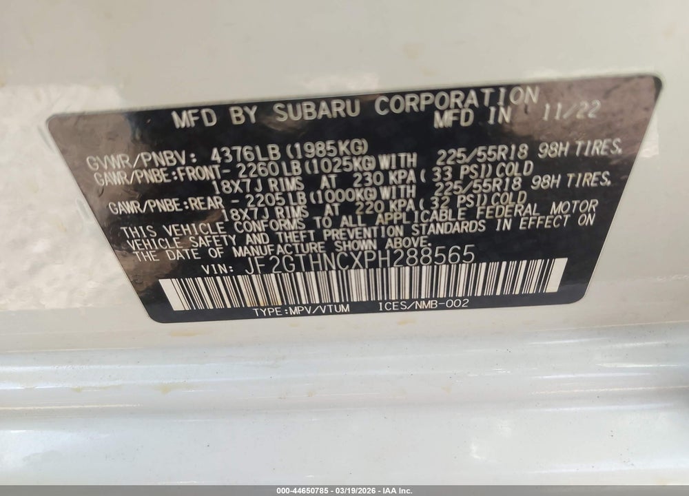 2023 SUBARU CROSSTREK LIMITED VIN: JF2GTHNCXPH288565