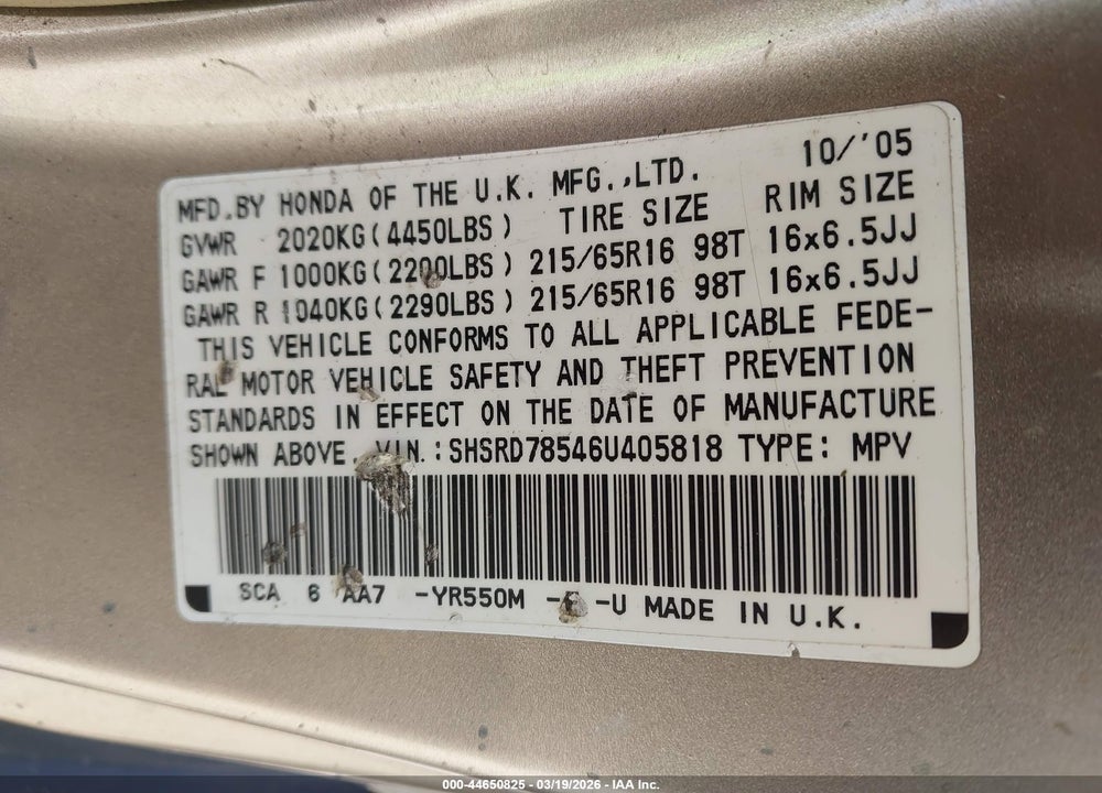2006 HONDA CR-V LX VIN: SHSRD78546U405818