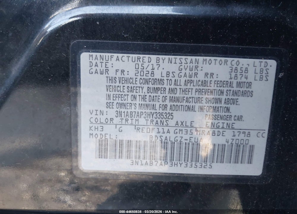 2017 NISSAN SENTRA SL VIN: 3N1AB7AP3HY335325