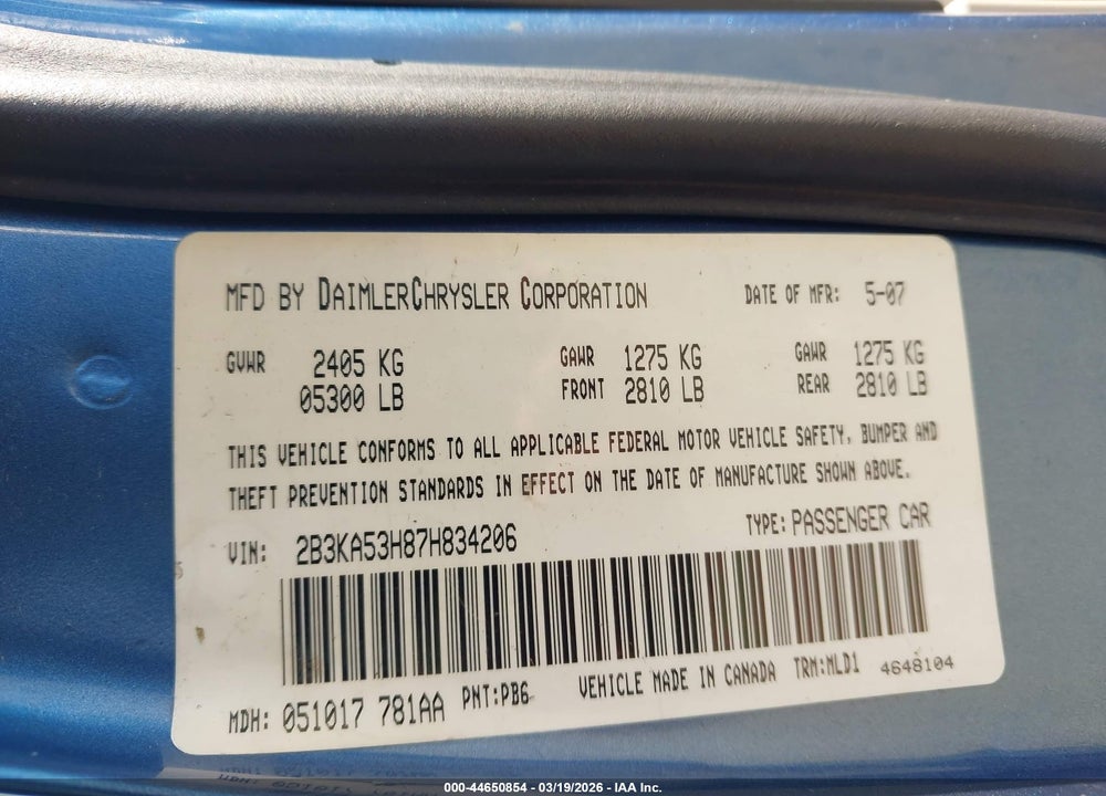 2007 DODGE CHARGER RT VIN: 2B3KA53H87H834206