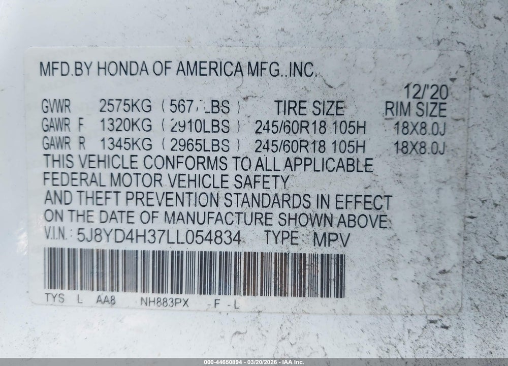 2020 ACURA MDX STANDARD VIN: 5J8YD4H37LL054834