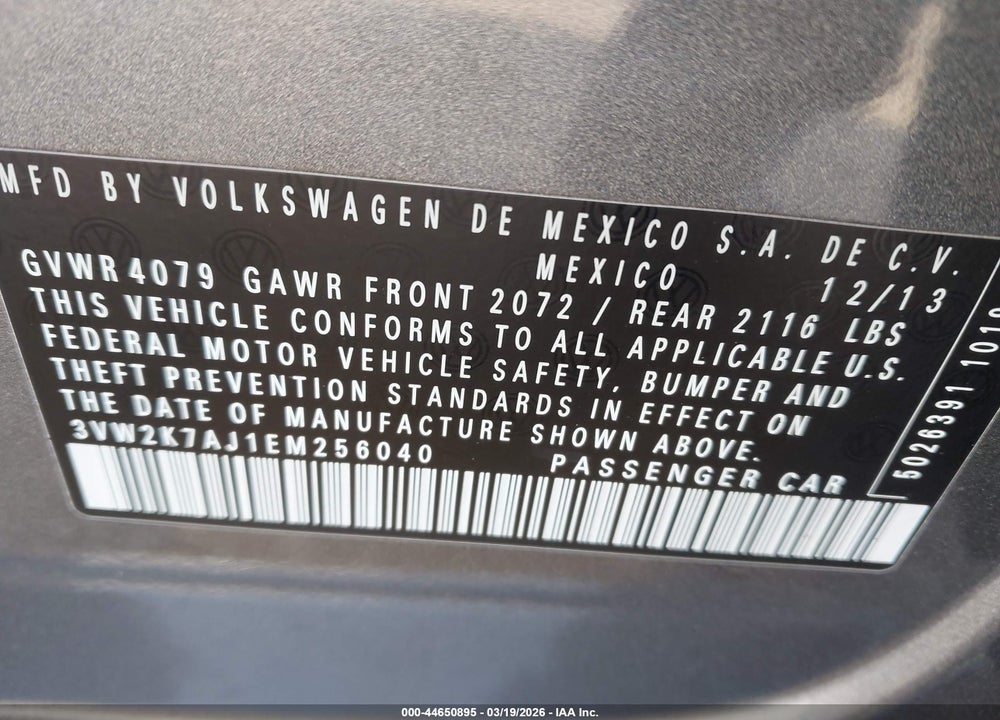 2014 VOLKSWAGEN JETTA 2.0L S VIN: 3VW2K7AJ1EM256040