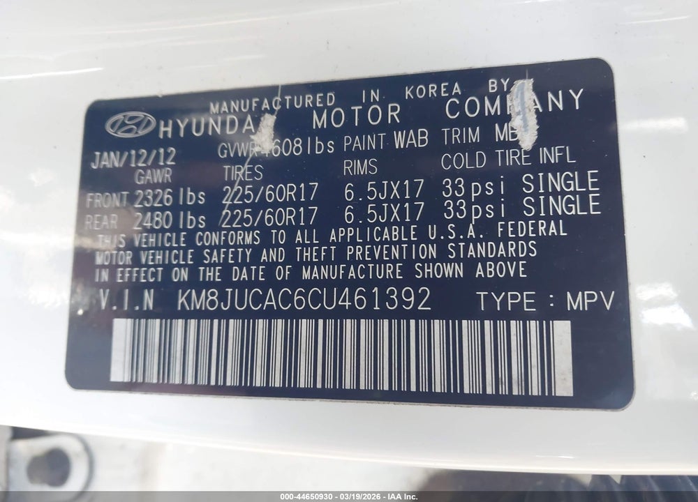 2012 HYUNDAI TUCSON GLS VIN: KM8JUCAC6CU461392