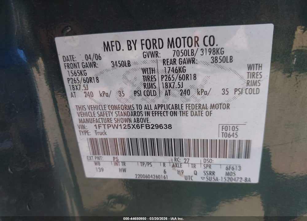 2006 FORD F-150 LARIAT/XLT VIN: 1FTPW125X6FB29638