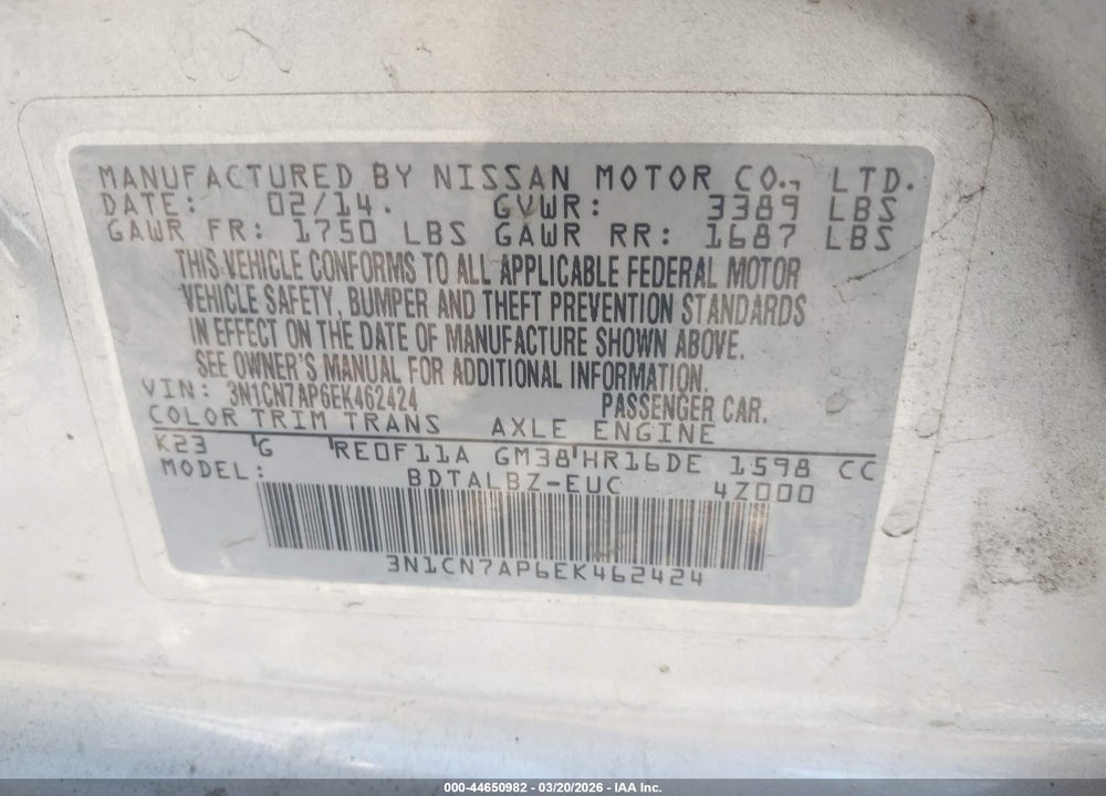 2014 NISSAN VERSA 1.6 SV VIN: 3N1CN7AP6EK462424
