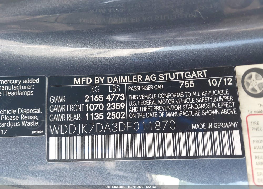 2013 MERCEDES-BENZ SL 550 VIN: WDDJK7DA3DF011870