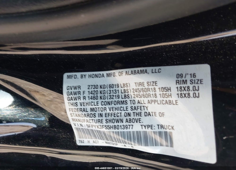 2017 HONDA RIDGELINE RTL VIN: 5FPYK3F55HB013977