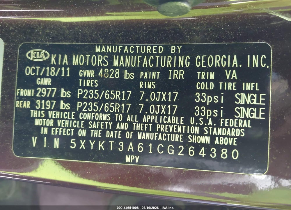 2012 KIA SORENTO LX VIN: 5XYKT3A61CG264380