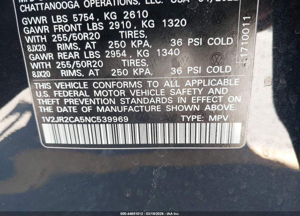 2022 VOLKSWAGEN ATLAS 3.6L V6 SE W/TECHNOLOGY VIN: 1V2JR2CA5NC539969