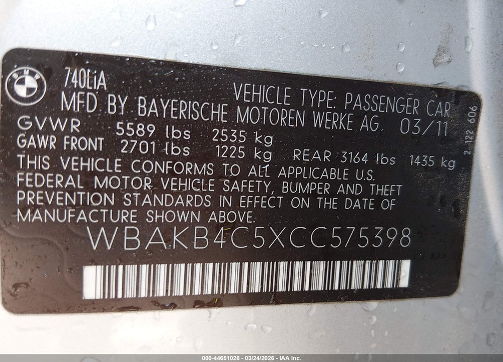 2012 BMW 740LI VIN: WBAKB4C5XCC575398