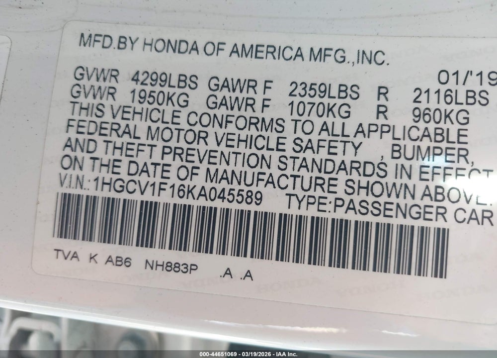 2019 HONDA ACCORD LX VIN: 1HGCV1F16KA045589