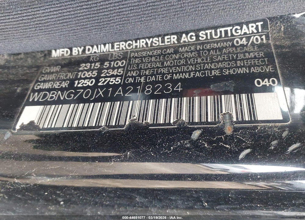 2001 MERCEDES-BENZ S 430 VIN: WDBNG70JX1A218234