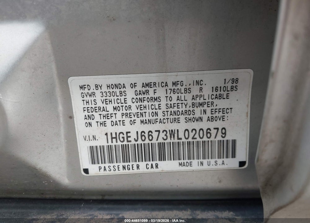 1998 HONDA CIVIC LX VIN: 1HGEJ6673WL020679