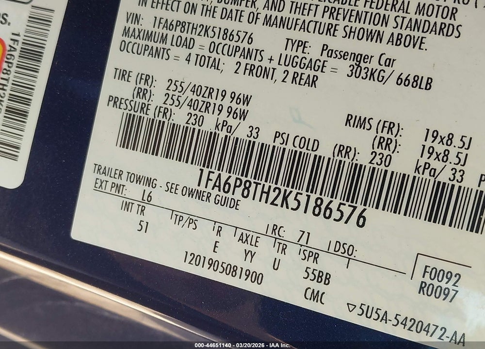 2019 FORD MUSTANG ECOBOOST PREMIUM VIN: 1FA6P8TH2K5186576