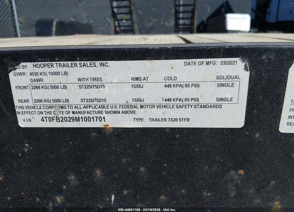 2021 HOOPER TRAILER TRAILER VIN: 4T0FB2029M1001701
