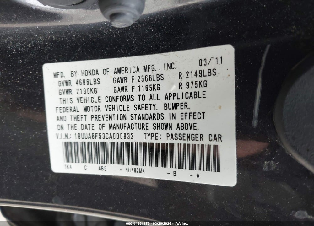 2012 ACURA TL 3.5 VIN: 19UUA8F53CA000932