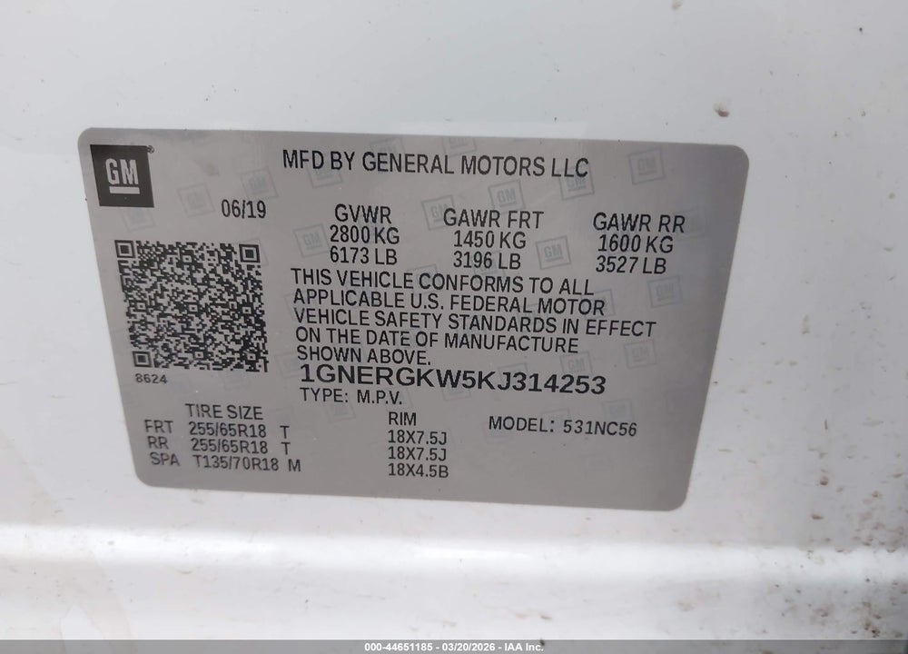 2019 CHEVROLET TRAVERSE 1LT VIN: 1GNERGKW5KJ314253