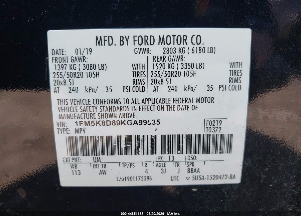 2019 FORD EXPLORER XLT VIN: 1FM5K8D89KGA99535