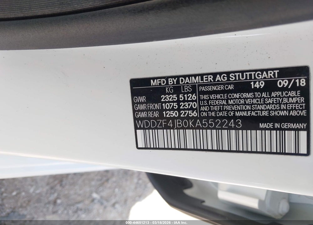 2019 MERCEDES-BENZ E-CLASS VIN: WDDZF4JB0KA552243