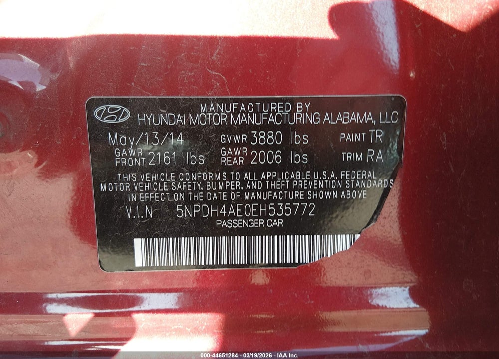 2014 HYUNDAI ELANTRA SE VIN: 5NPDH4AE0EH535772