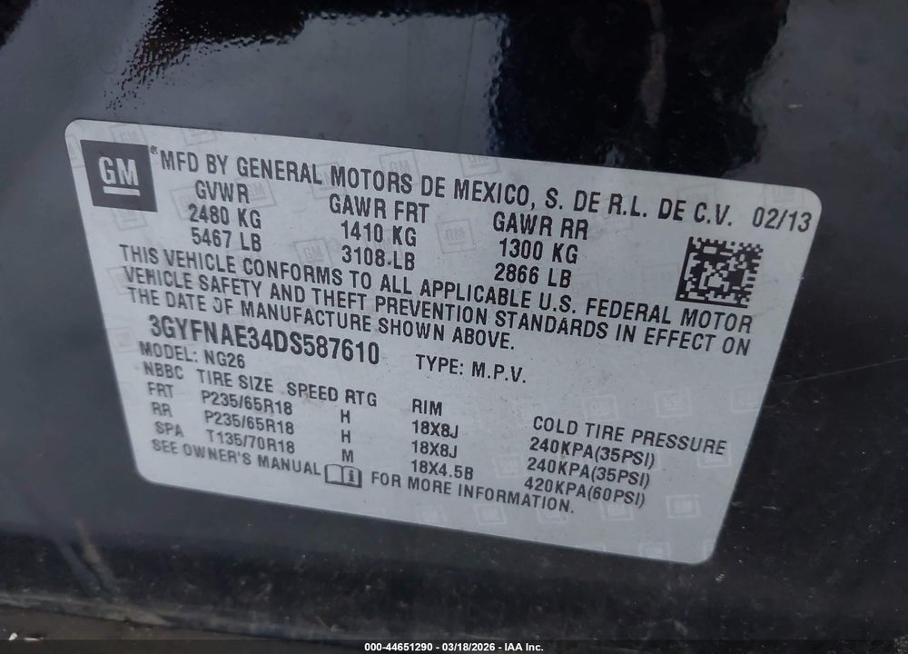 2013 CADILLAC SRX STANDARD VIN: 3GYFNAE34DS587610