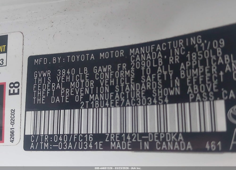 2010 TOYOTA COROLLA LE VIN: 2T1BU4EE7AC303454