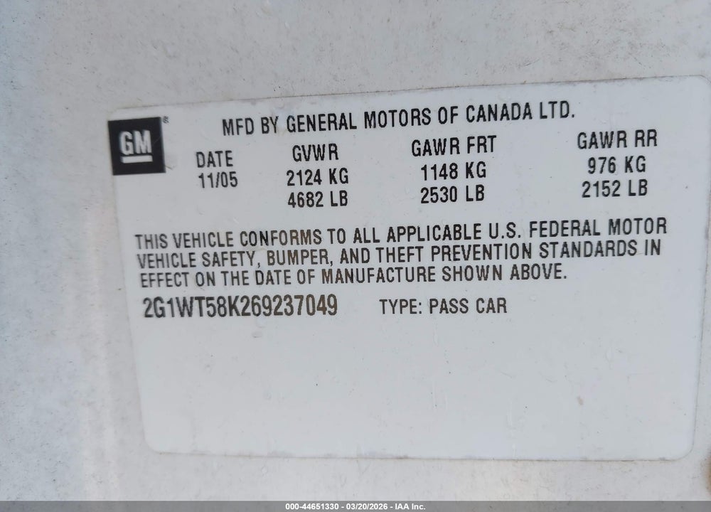 2006 CHEVROLET IMPALA LT VIN: 2G1WT58K269237049