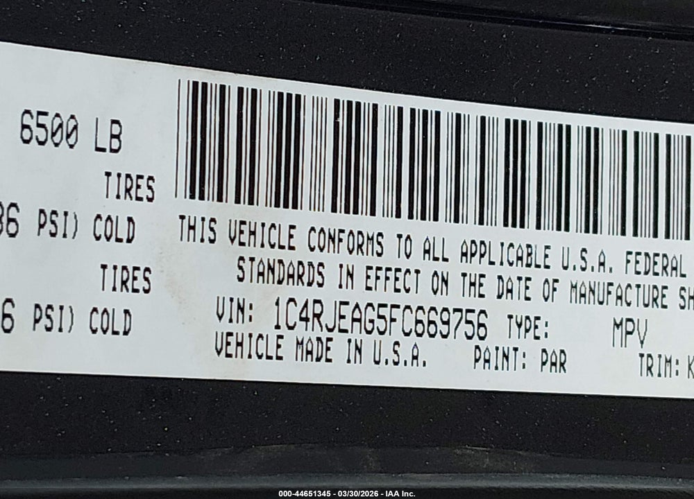 2015 JEEP GRAND CHEROKEE ALTITUDE VIN: 1C4RJEAG5FC669756